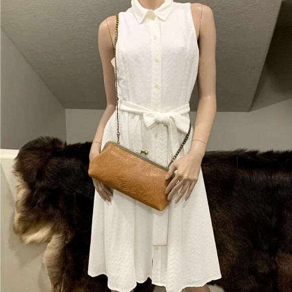 Handmade Genuine Leather Embossed Leaves Kisslock Clutch/Shoulder Bag/Crossbody - Picture 6 of 13